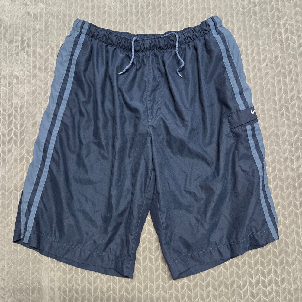 Vintage Nike Mens XXL Navy Blue Striped Mesh Lined Athletic Cargo Shorts Y2K
